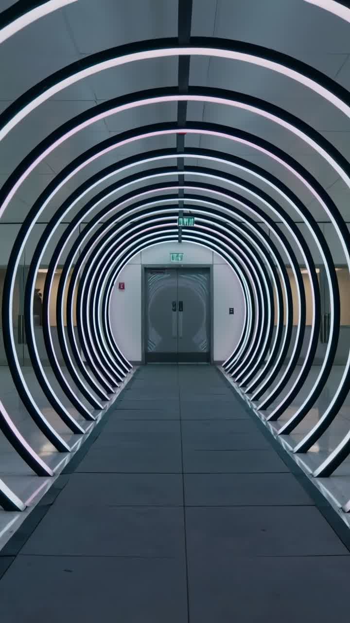 Tunnel Futuristico con Luci LED Circolari che Conduce a una Porta