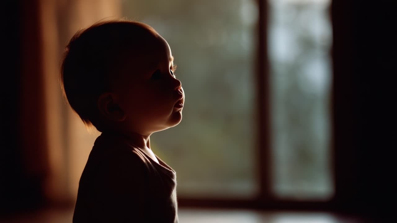 A captivating silhouette of a baby captured in soft lighting, exploring emotions and curiosity in a tranquil indoor setting, showcasing innocence and wonder