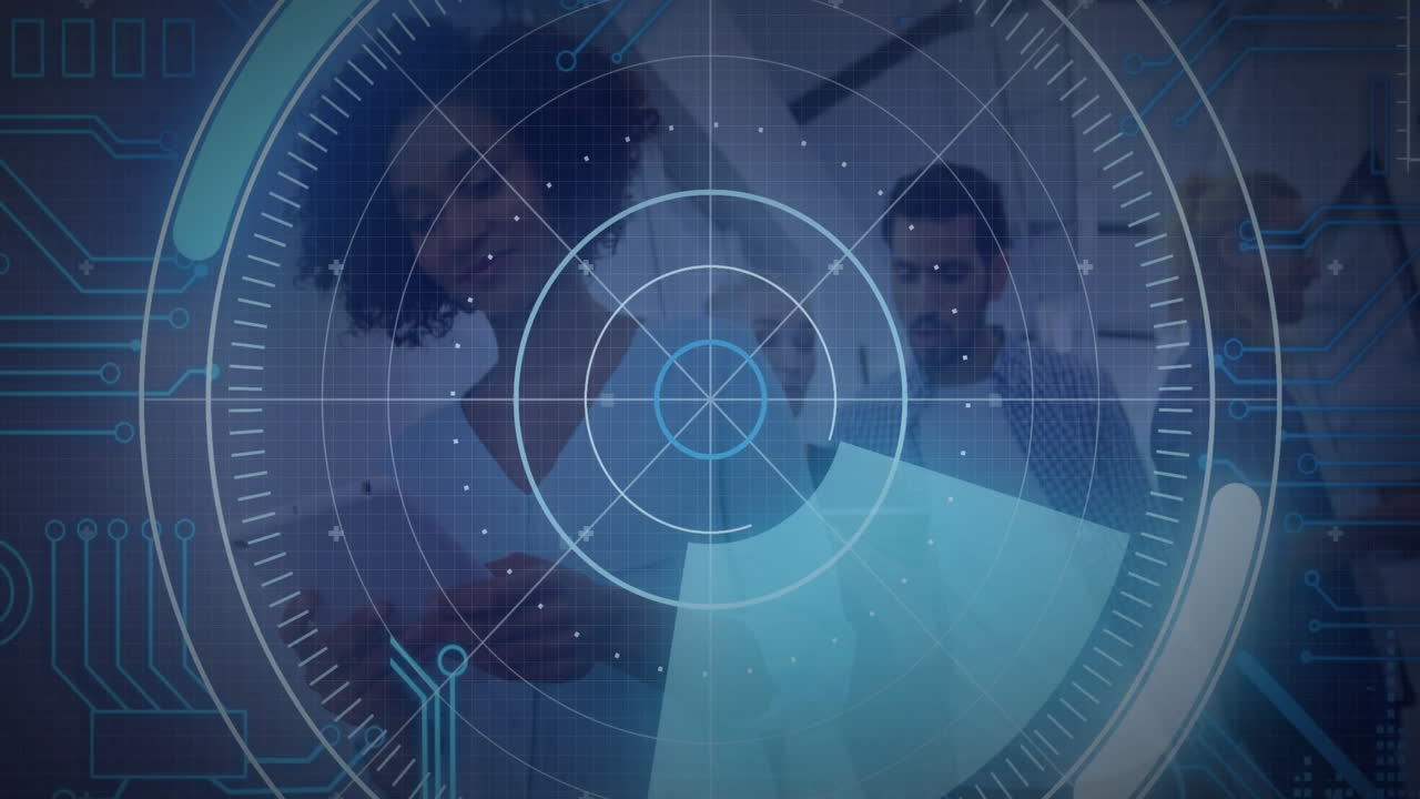 Radar interface animation over diverse professionals collaborating in modern office