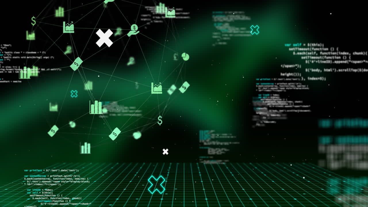 검은색 배경에 있는 데이터 처리 및 미디어 아이콘의 애니메이션