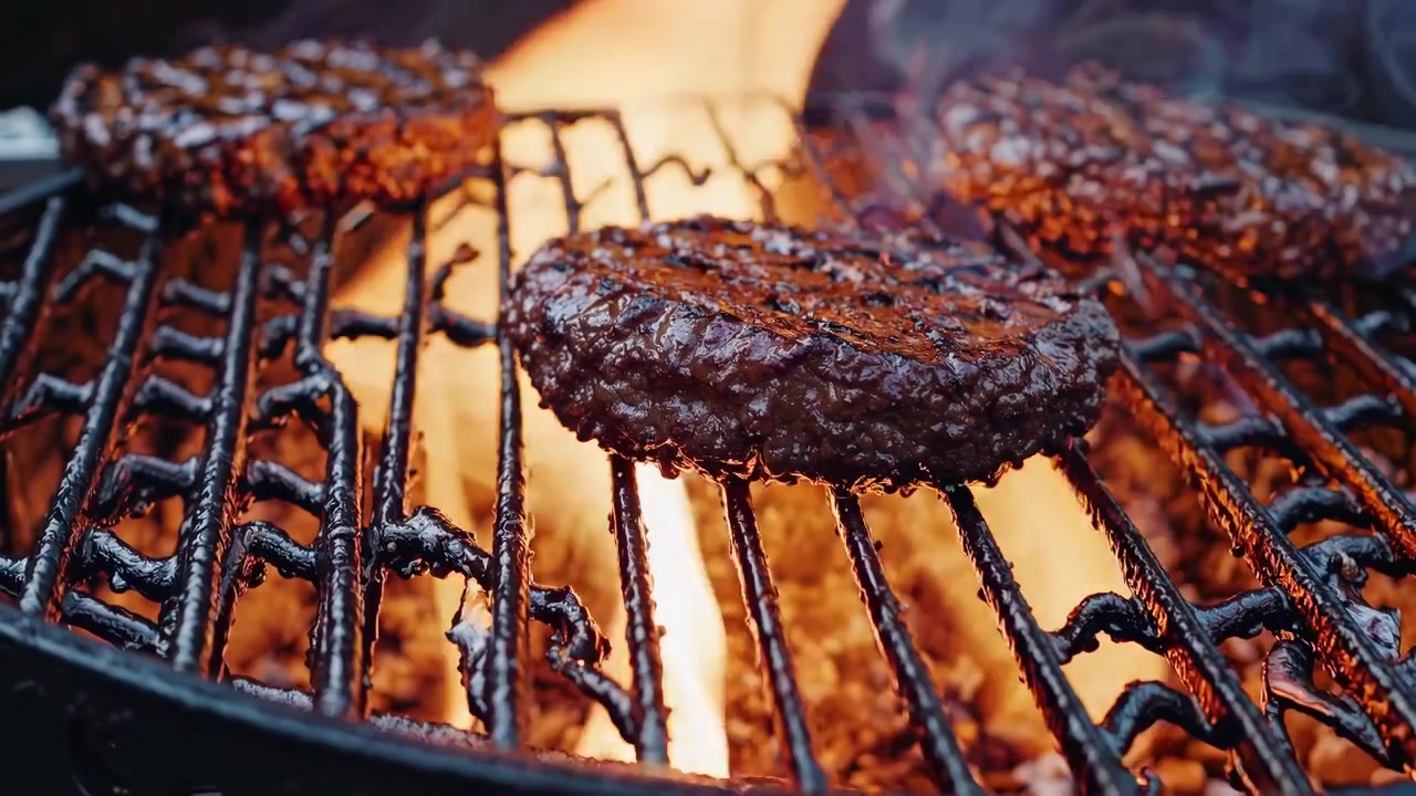 Succulenti hamburger che grigliano su un barbecue caldo con fiamme