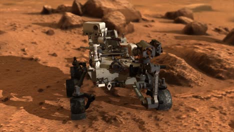 high quality 3d cgi animated render of the mars perseverance rover, on the rocky surface of the planet mars, starting from a high angle and pushing in close