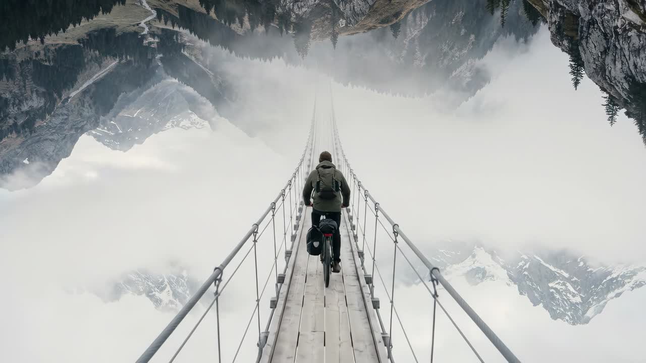 Ciclista in bicicletta su un ponte sospeso nella fitta nebbia