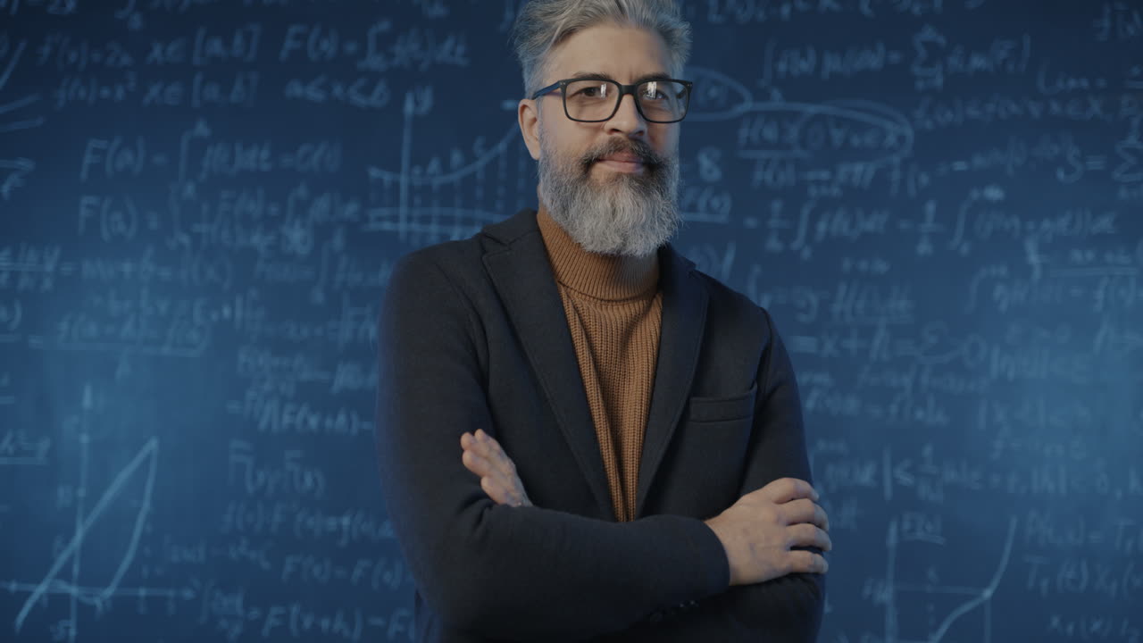 Professor in front of a chalkboard full of formulas