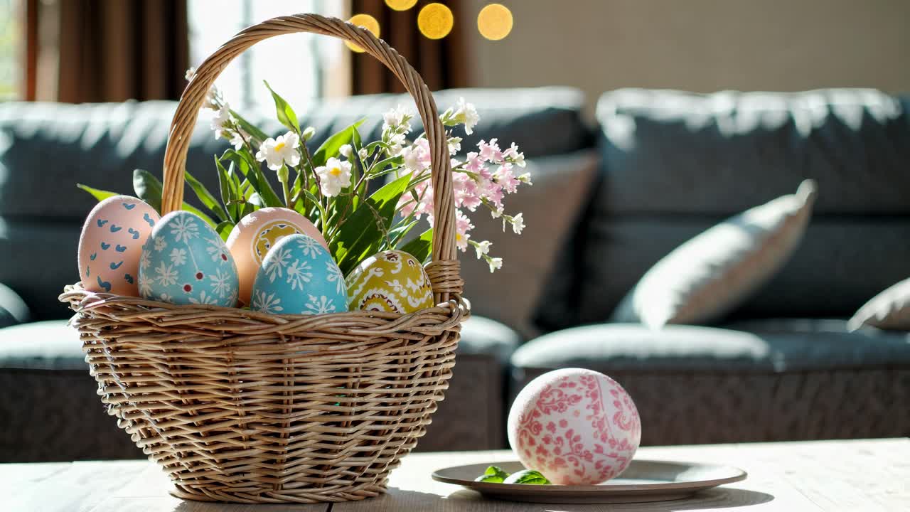 A cozy video scene of a wicker basket with painted Easter eggs and flowers on a sunlit table