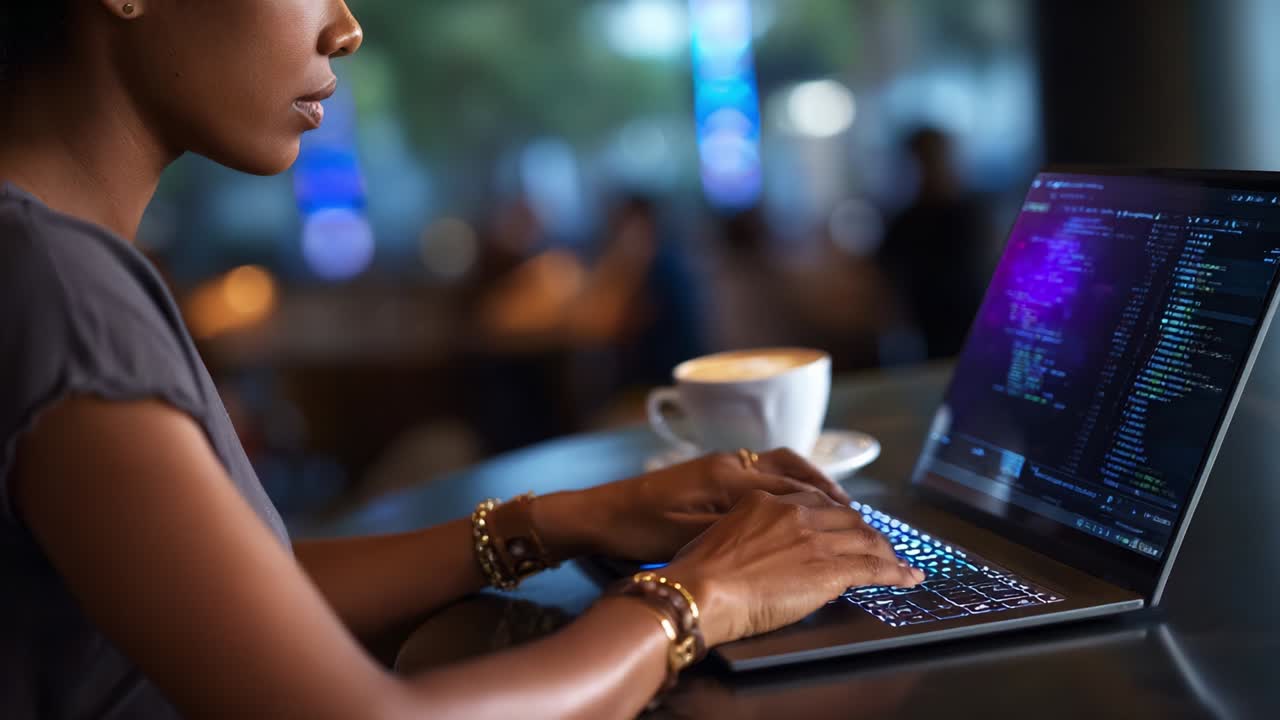 Focused individual engaged in programming tasks on a laptop, surrounded by a modern atmosphere, showcasing concentration and the integration of technology in daily life with a warm beverage at hand
