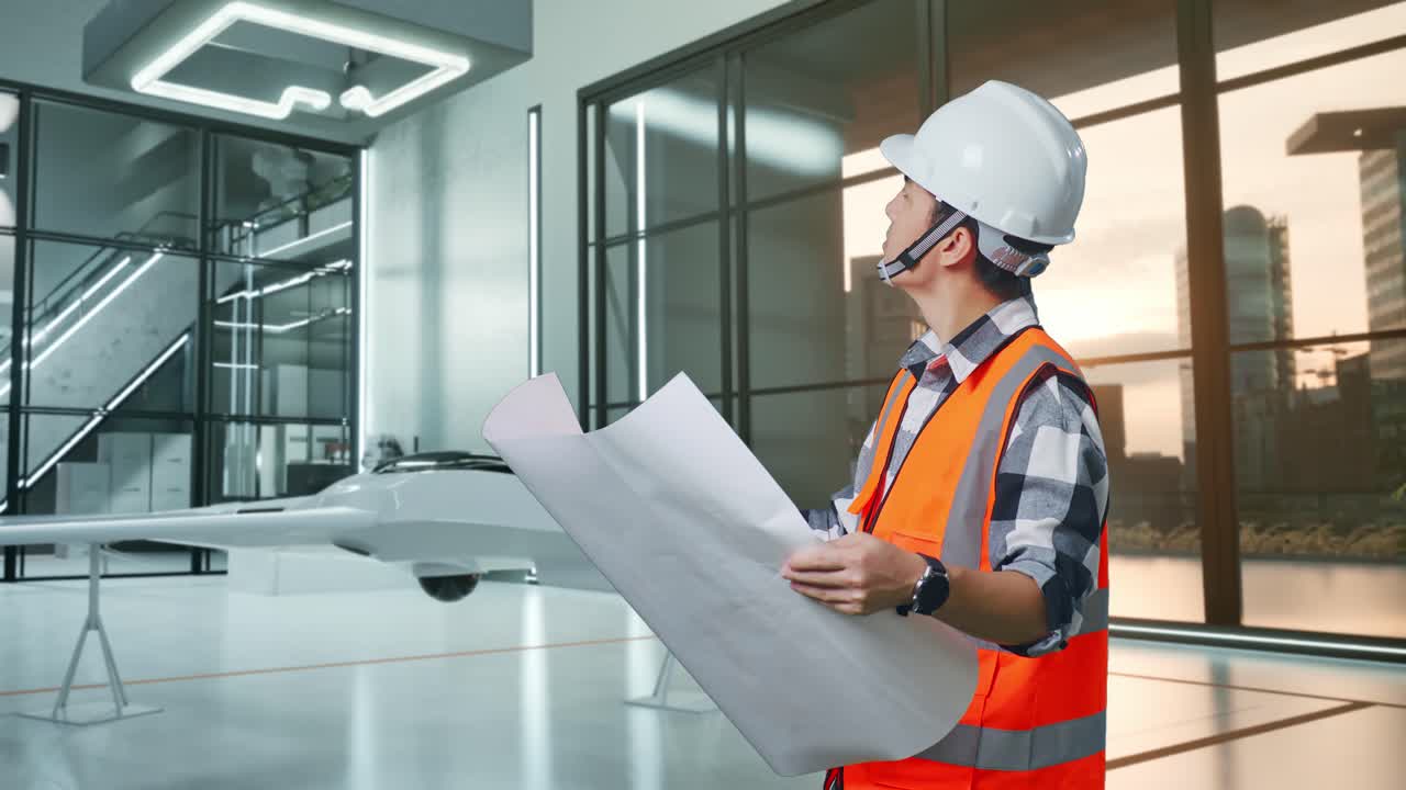 ingeniero revisando planos en una oficina moderna