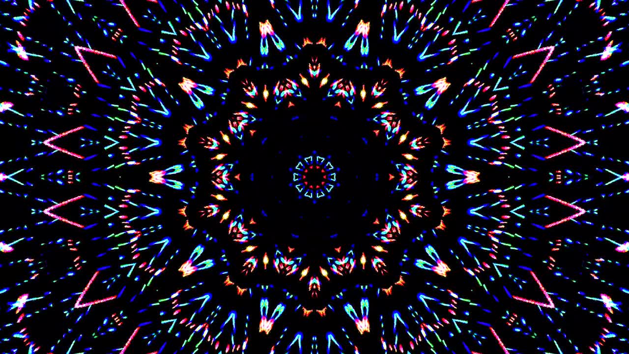Abstraktní kaleidoskop s krásnými zářícími červeno-modrými liniemi, plynulým pohybem a zářícím světlem.