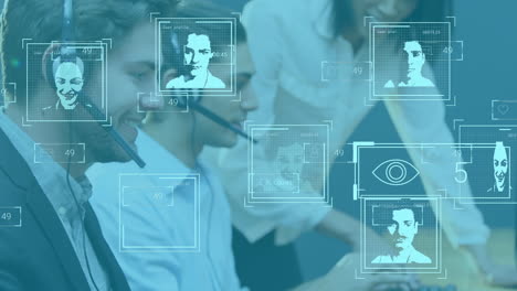 animación de iconos de personas en línea sobre diversas personas de negocios que usan auriculares de teléfono