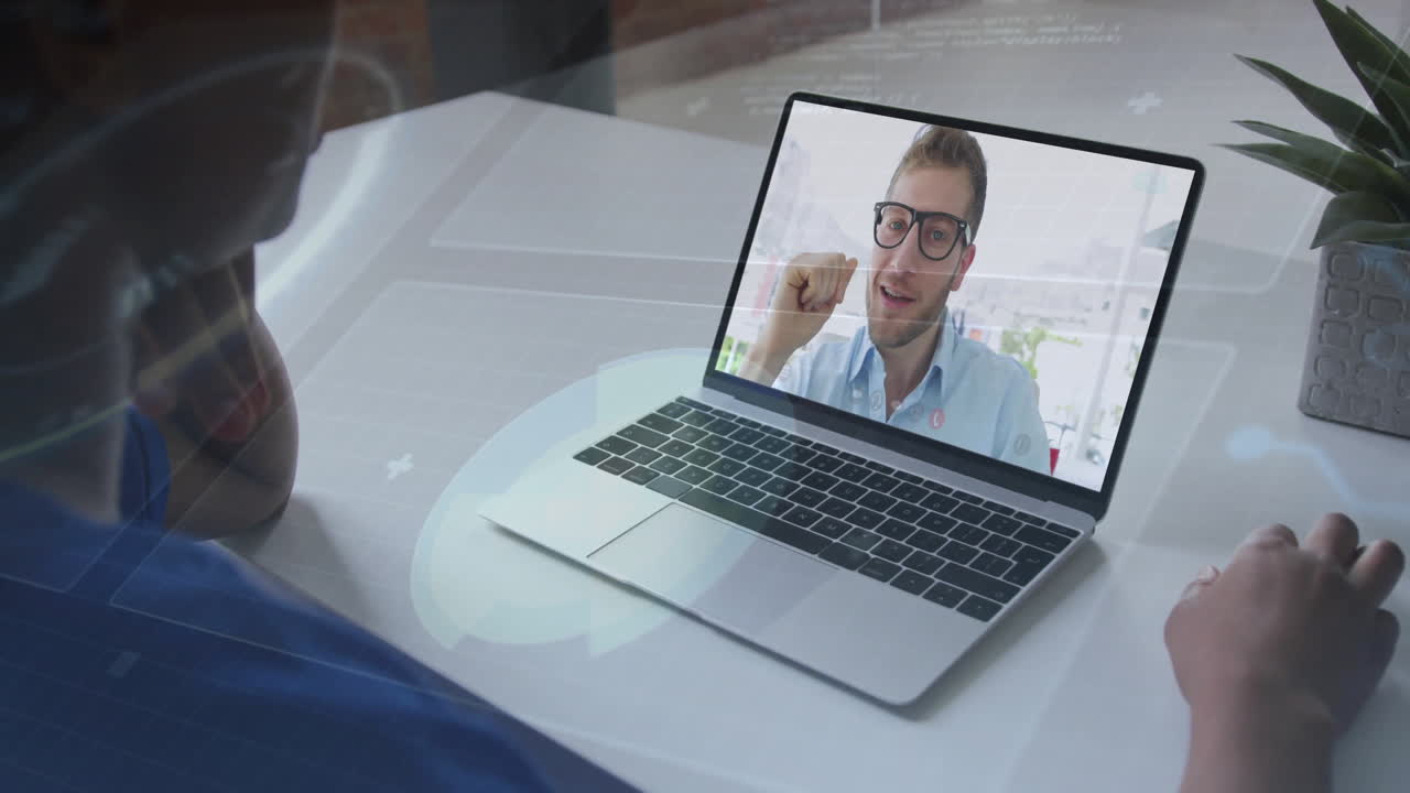 Using animation, person on video call with digital interface on laptop screen