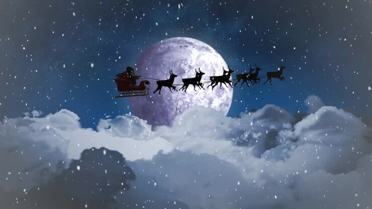 Animation of santa claus in sleigh with reindeer over snow falling and sky with moon