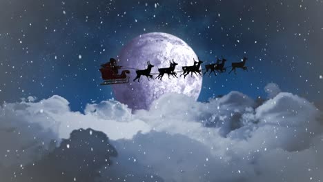 Animation-of-santa-claus-in-sleigh-with-reindeer-over-snow-falling-and-sky-with-moon