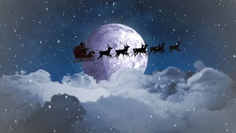 animation of santa claus in sleigh with reindeer over snow falling and sky with moon