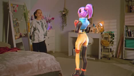 girl interacting with a virtual avatar in her bedroom