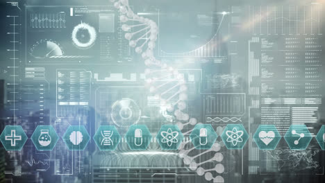 Animación-Del-Procesamiento-De-Datos,-Cadena-De-ADN-E-íconos-Médicos-Sobre-El-Paisaje-Urbano