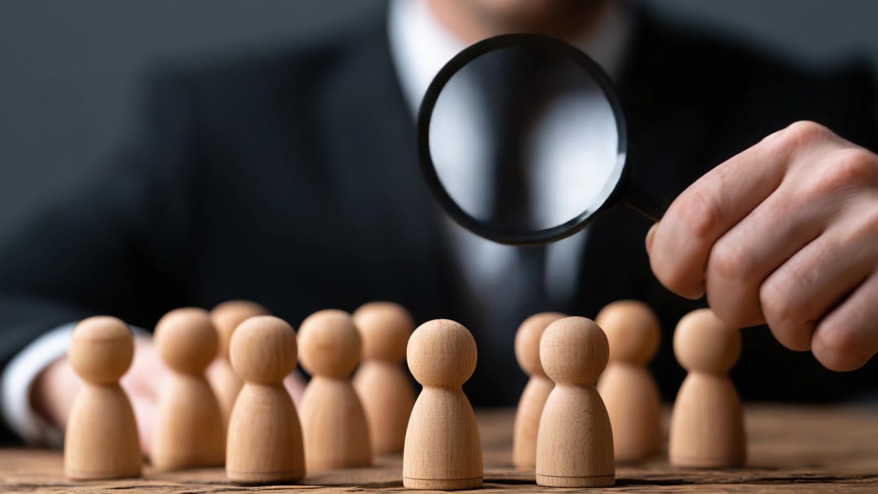A Professional Analyzes Wooden Figurines Under a Magnifying Glass, Indicating Inspection, Selection, and Strategic Decision-Making in Business Context