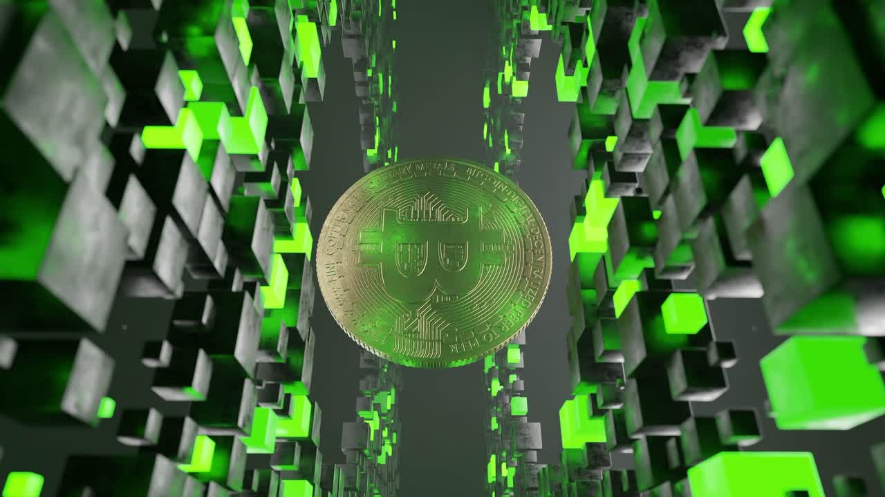 Bitcoin coin floating inside abstract tunnel of black and green cubic blocks. 3D digital cryptocurrency symbol. Blockchain and virtual currency concept. vertical
