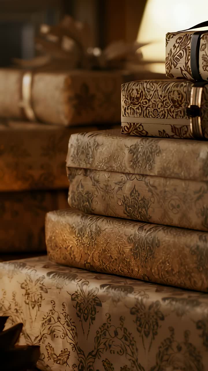 Vertical video: Holding shot of ornate gift boxes glowing in lamp glow on wood shelf in cozy room