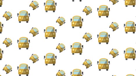 Animation-of-rows-of-school-buses-and-school-items-on-white-background