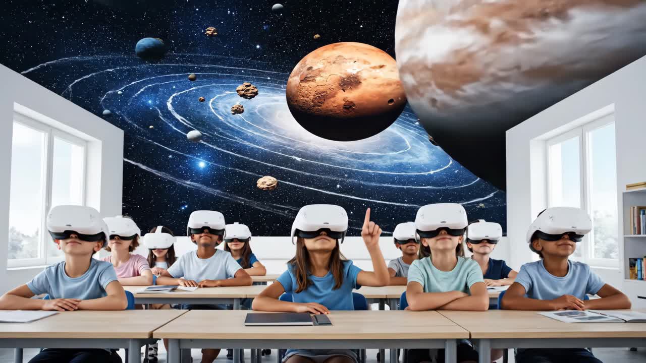 Studenter utforskar rymden i ett klassrum med virtuell verklighet