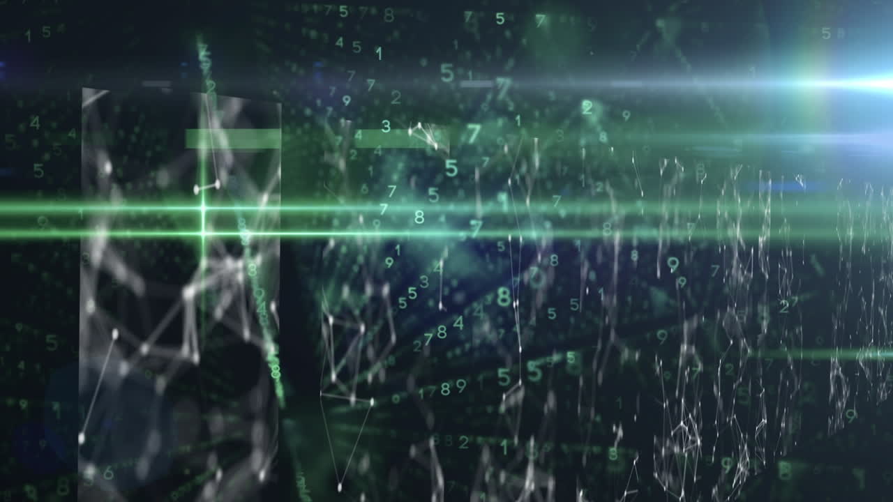 블랙 디지털 공간에서 데이터, 조명 및 연결의 애니메이션