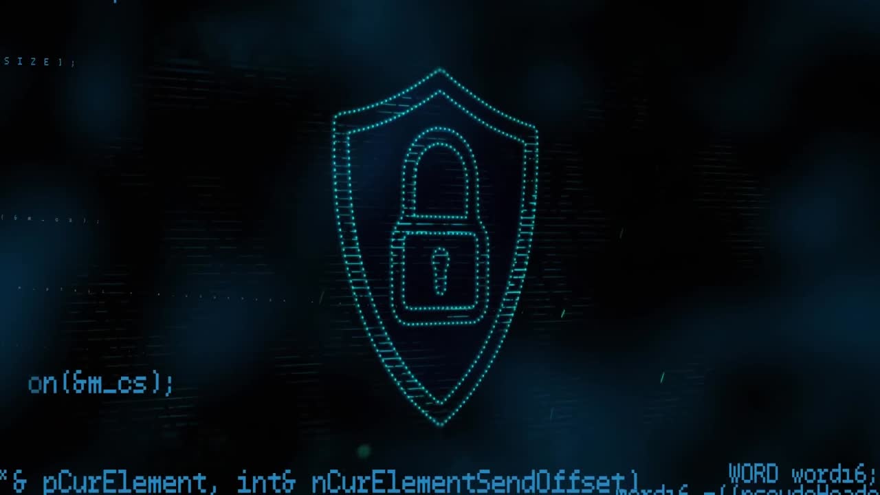 Security padlock icon and data processing against blue background