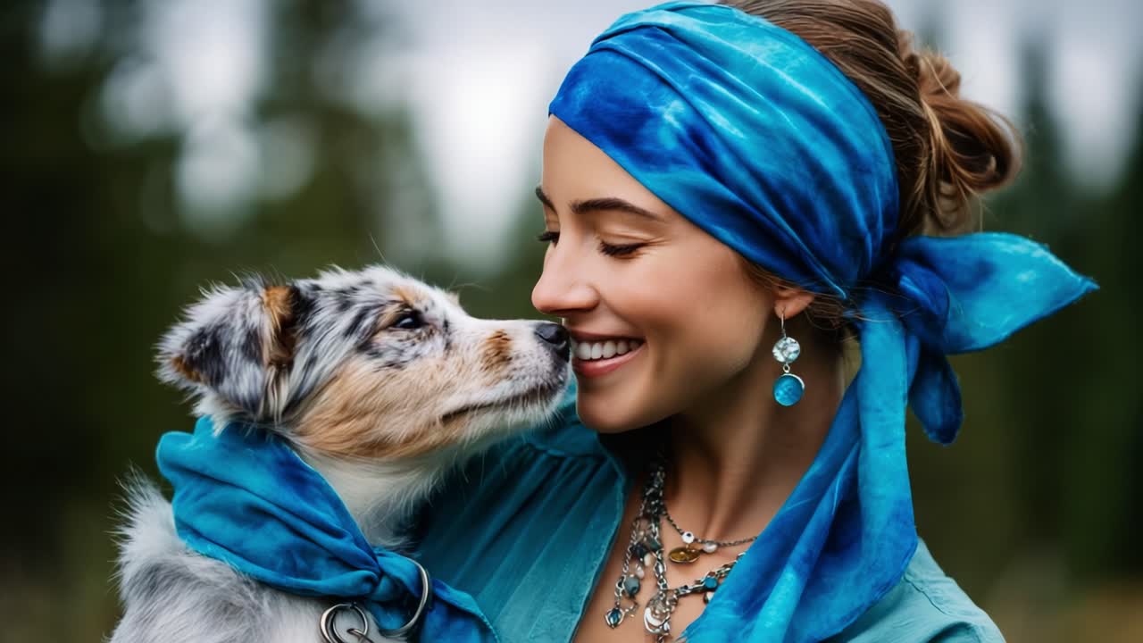 A joyous interaction between a woman and her playful puppy, both dressed in matching blue accessories, celebrating their bond in nature, reflecting love, connection, and friendship