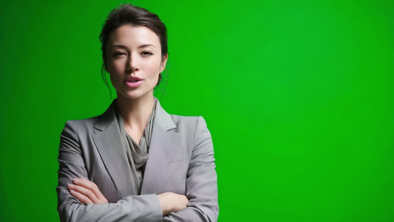 Confident Businesswoman Posing Against a Green Screen Backdrop, Showcasing Professionalism and Poise in a Modern Office Environment