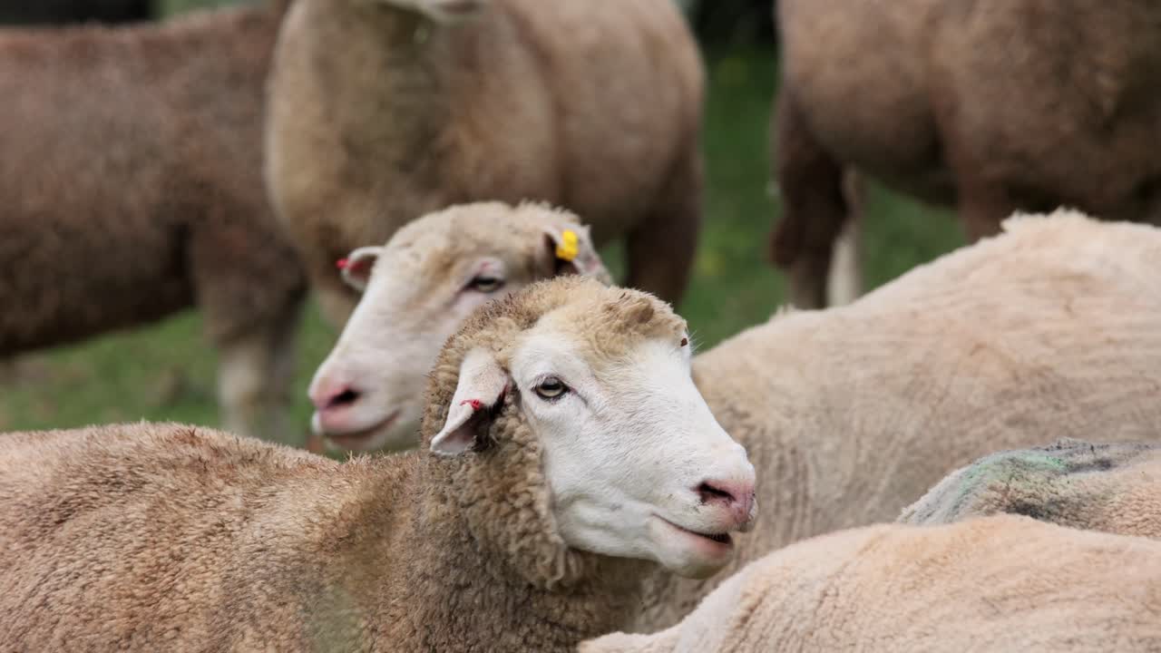 un primer plano extremo de un rebaño de ovejas lanudas muy apretadas moviéndose a través de un bosque verde exuberante en un soleado día de verano.