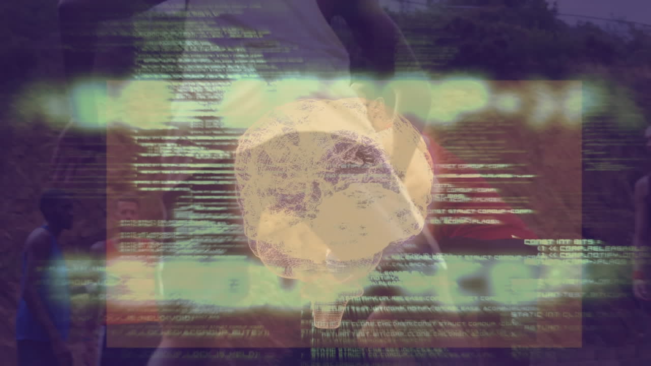 animación de giro del cerebro humano y procesamiento de datos en un juego de baloncesto