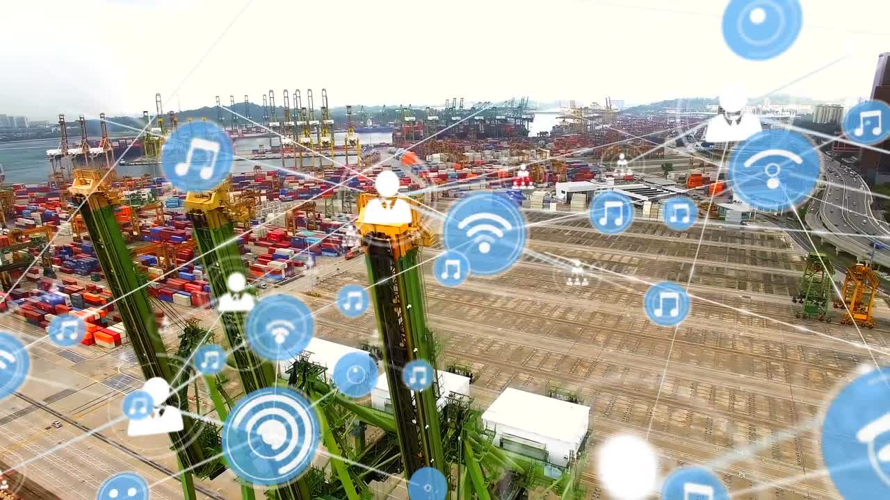 Animação de ícones conectados com linhas sobre vista aérea de porto