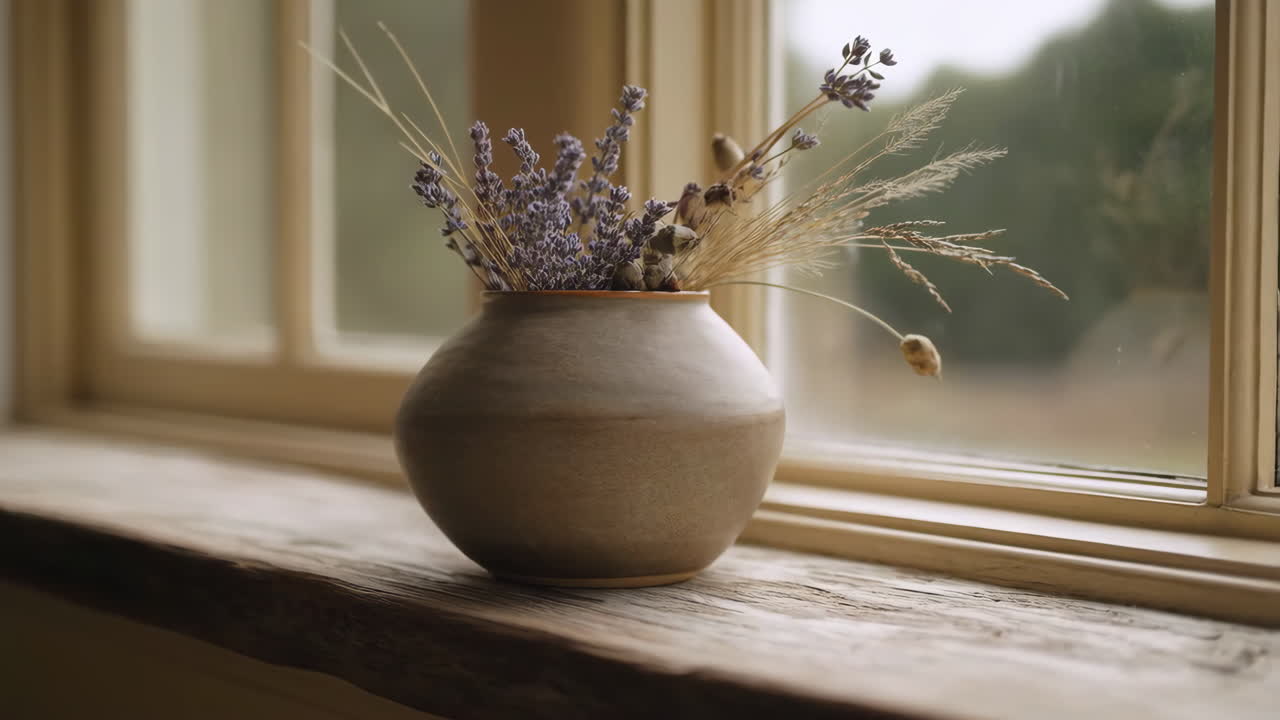 Dried Flowers in a Vase on a Rustic Windowsill