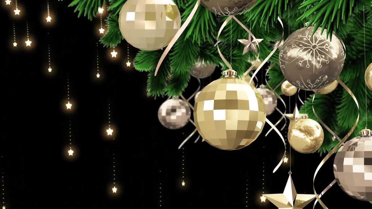 animación digital de adornos navideños y decoraciones de estrellas colgando en el árbol de navidad
