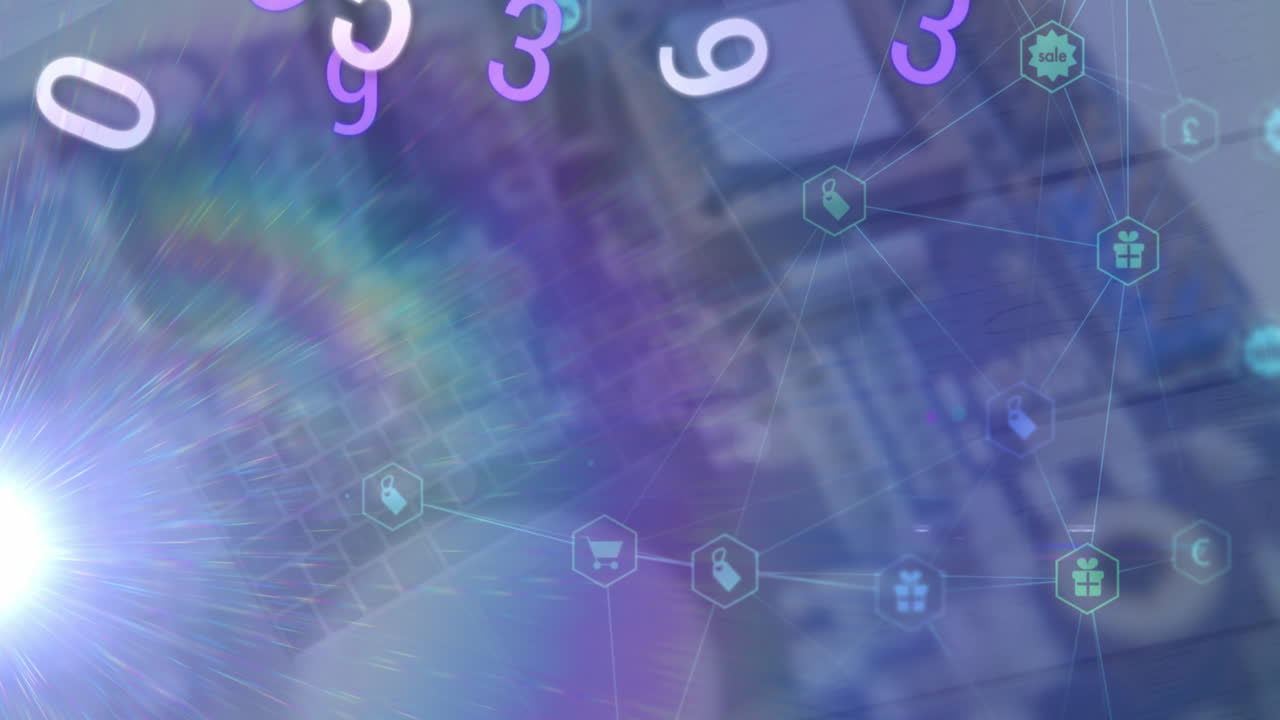 Animation of lens flare, numbers, icons connected with lines over laptop and electronic component