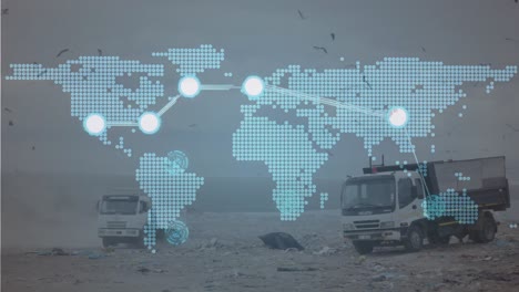 animation of world map over lorry in waste disposal site