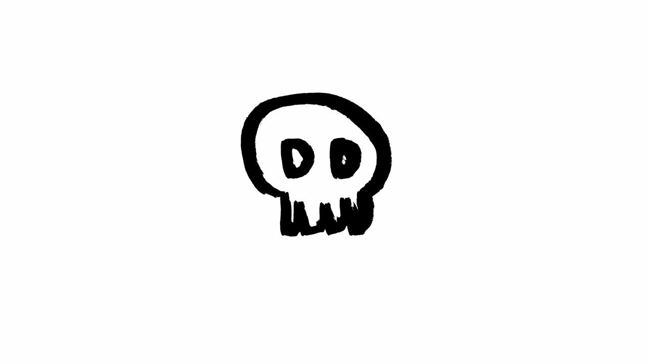 Icona animata di teschio disegnata a mano che si agita su sfondo bianco.