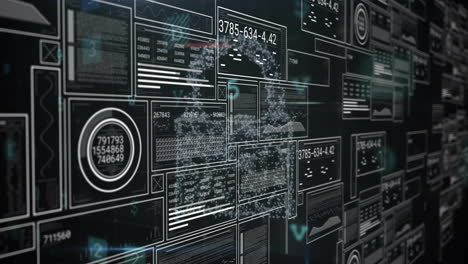 animation of digital data processing and padlock on dark background