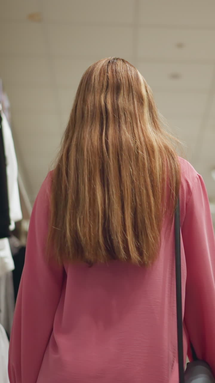 검은 가방을 들고 있는 여자가 옷 가게를 걸어가면서 검은색 을 만지고 앞으로 나아가는 모습, 가게는 잘 조명되어 있으며, 양쪽 에 끔하게 배열된 옷이 있습니다.