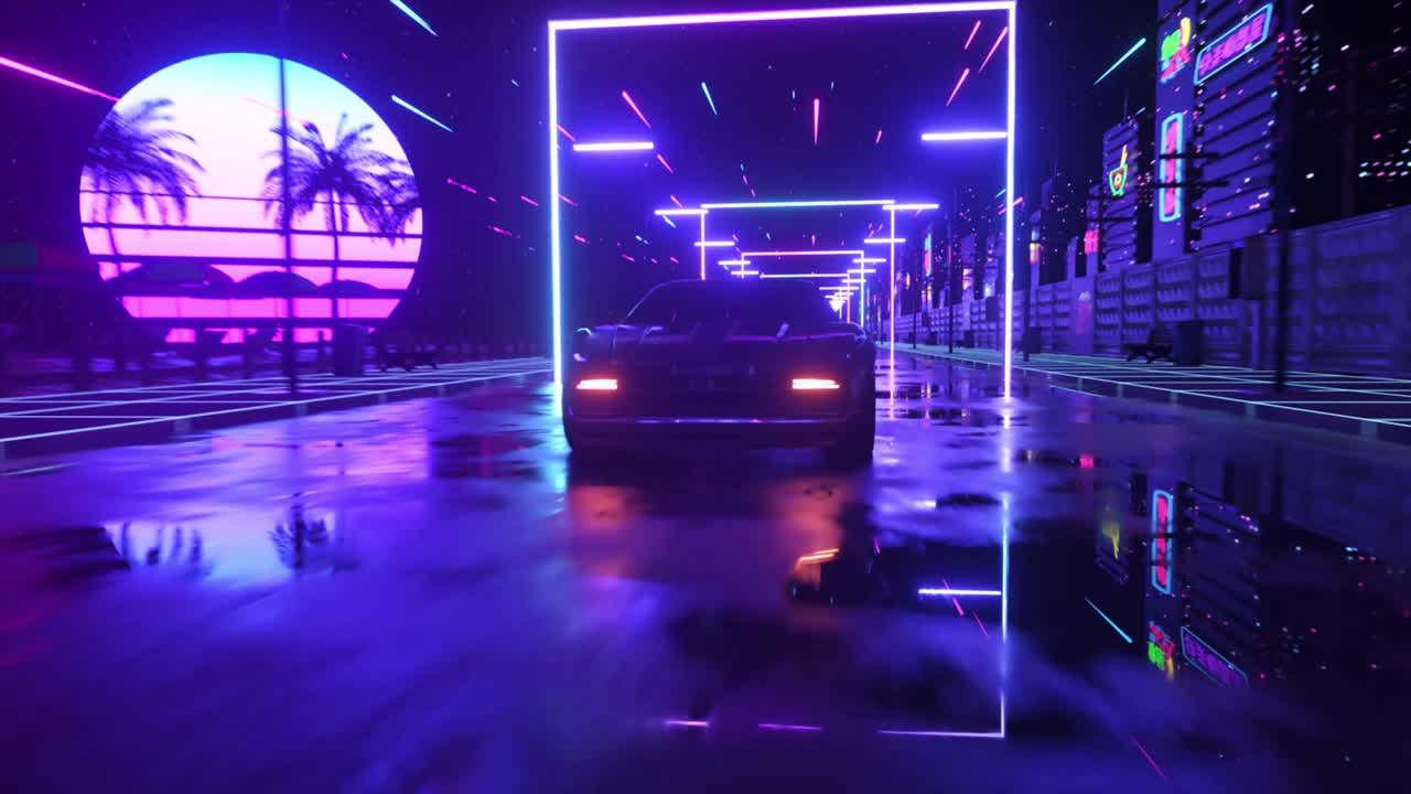 Guida notturna in una città retrò al neon
