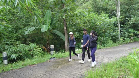 group hiking through a lush forest