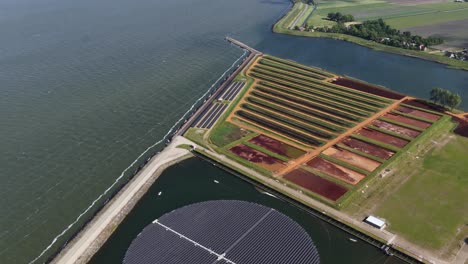 waste water treatment plant, aerial drone video, brown water basins, aerial drone video.