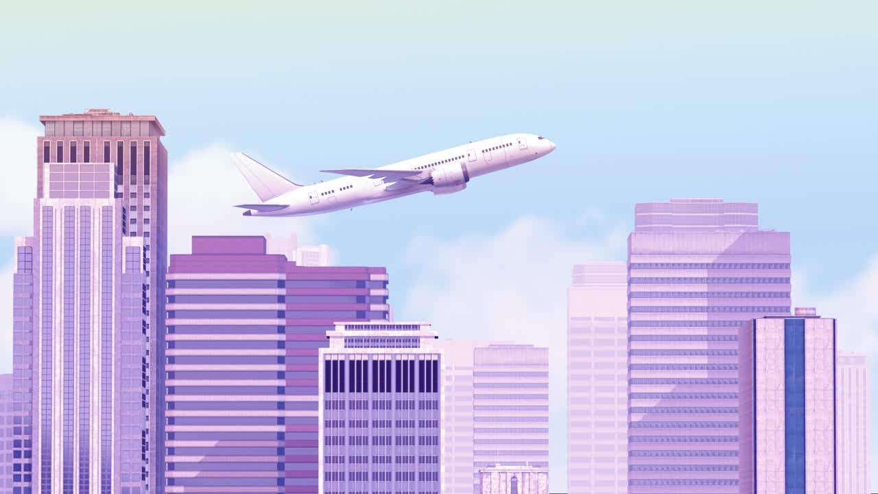 Aereo che vola sopra gli edifici della città
