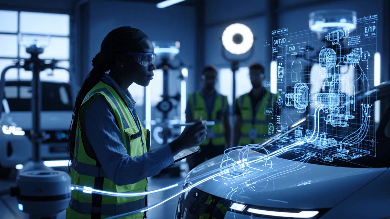 A technician in safety gear analyzes a vehicle's advanced technology using digital tools and holographic displays in a modern automotive workshop environment.