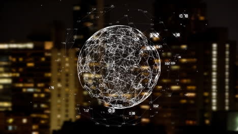 Spinning digital globe above a city
