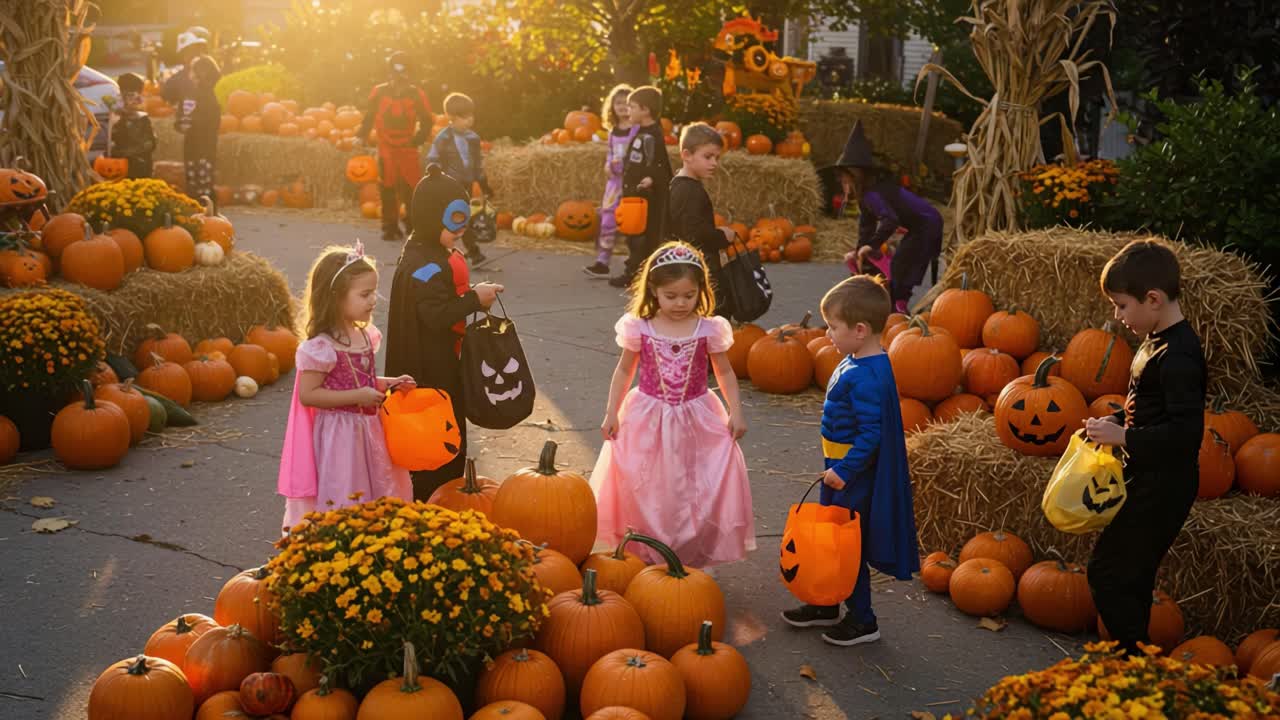 A Joyful Halloween Gathering: Children Dressed in Costumes Collecting Pumpkins and Trick-or-Treating in a Festive Autumn Landscape Amidst Colorful Decorations