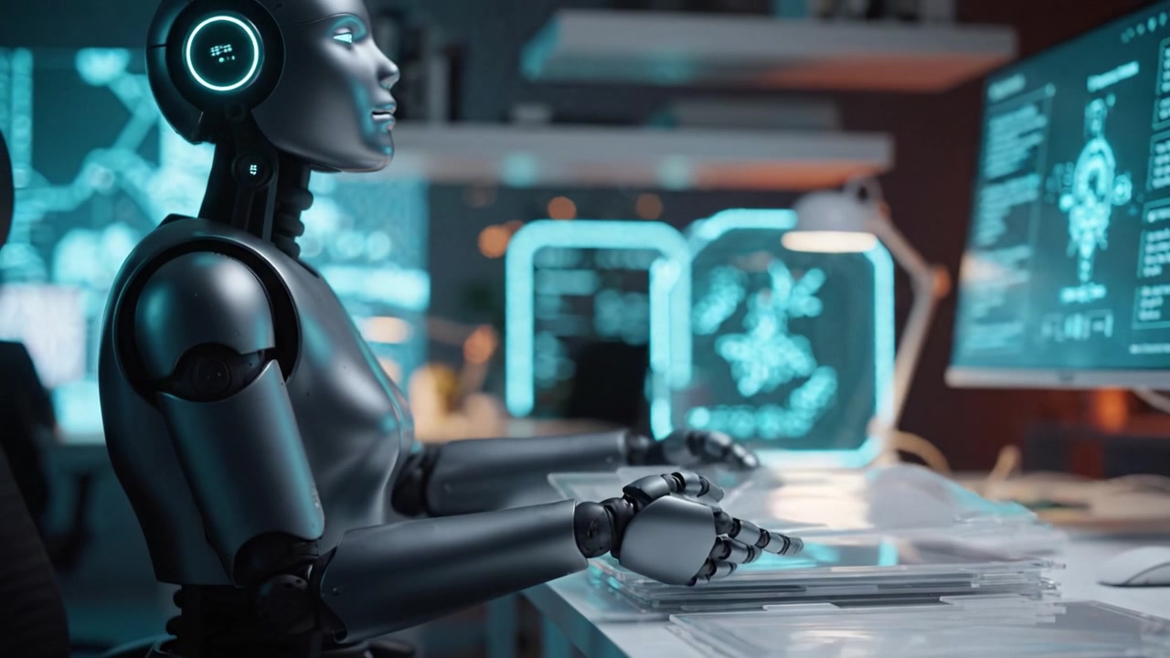 Futuristic Robot Interacting with Advanced Technology in a High-Tech Environment, Showcasing Cutting-Edge Robotics and Digital Displays for Enhanced Learning