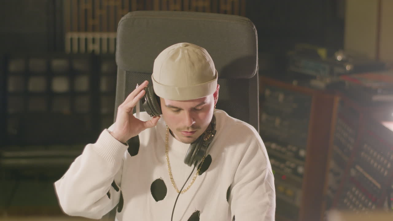 음악 녹음 스튜디오 에서 일 하는 젊은 백인 남자