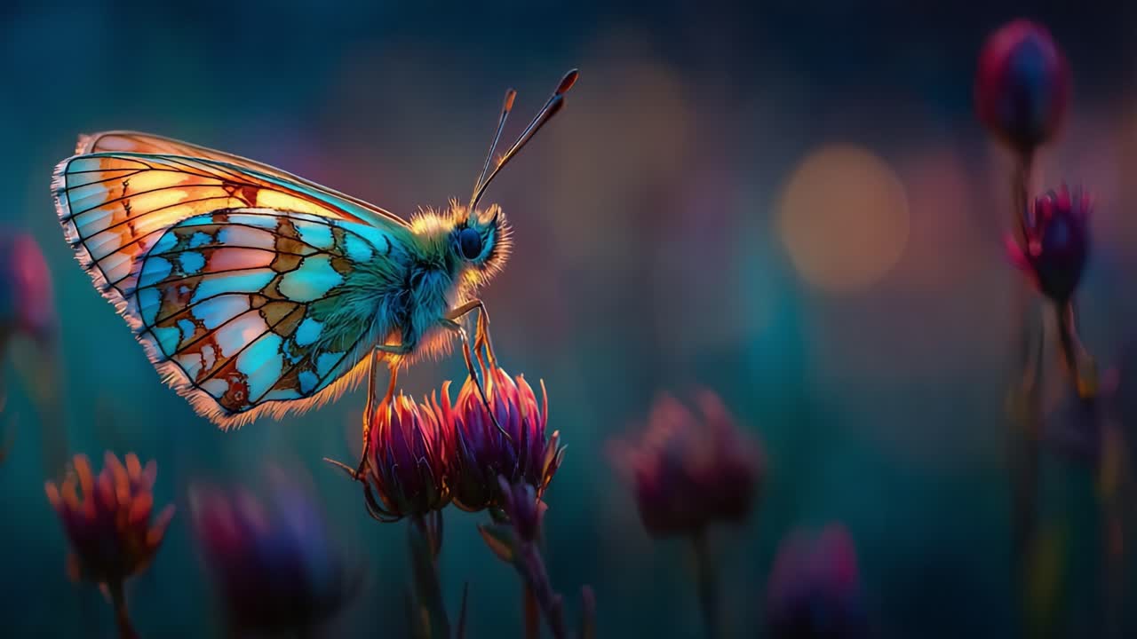 Una magnifica farfalla che mostra colori vivaci e motivi intricati mentre si posa con grazia su un fiore, in uno sfondo sfocato e sognante