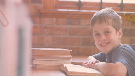 animation of changing numbers and letters over caucasian boy reading book in classroom