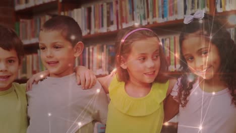 red brillante de conexiones contra el retrato de diversos estudiantes sonriendo en la biblioteca de la escuela